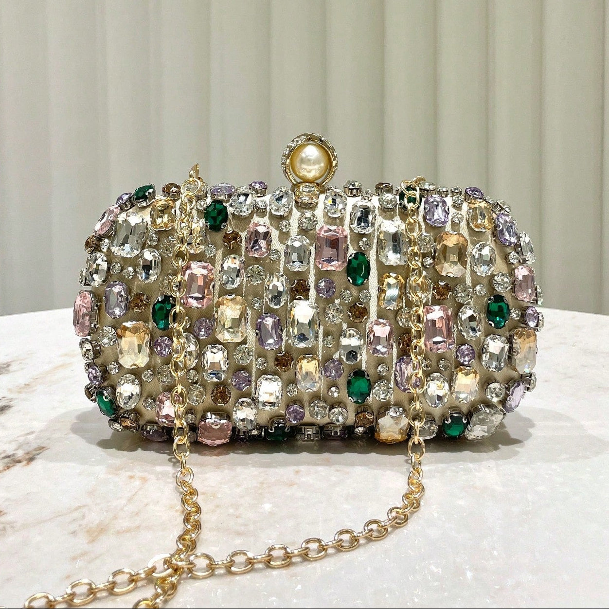 Glittering Golden Color Rhinestone Decorated Evening Clutch Bag