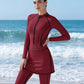 Striped Color Block Zipper Long Sleeve Jumpsuit With Skirt Swimwear Set