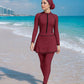 Striped Color Block Zipper Long Sleeve Jumpsuit With Skirt Swimwear Set