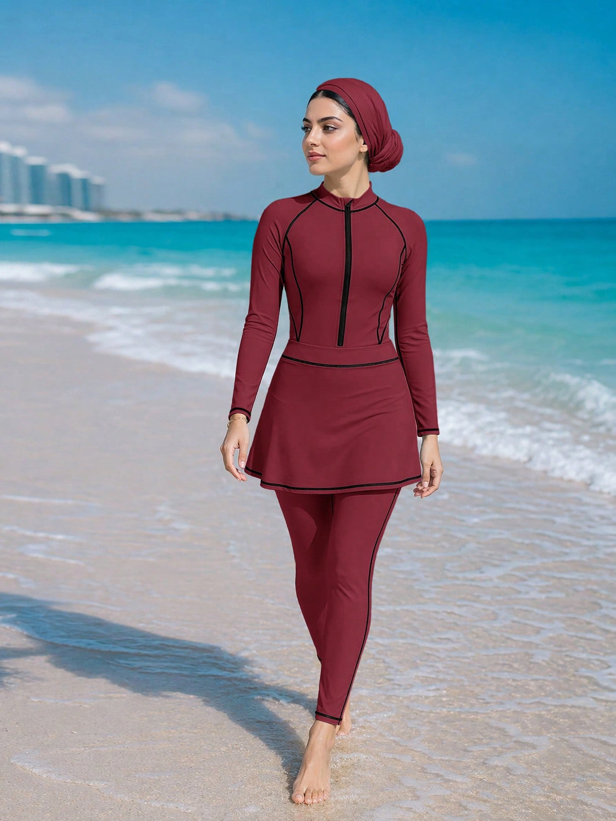 Striped Color Block Zipper Long Sleeve Jumpsuit With Skirt Swimwear Set