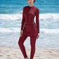 Striped Color Block Zipper Long Sleeve Jumpsuit With Skirt Swimwear Set