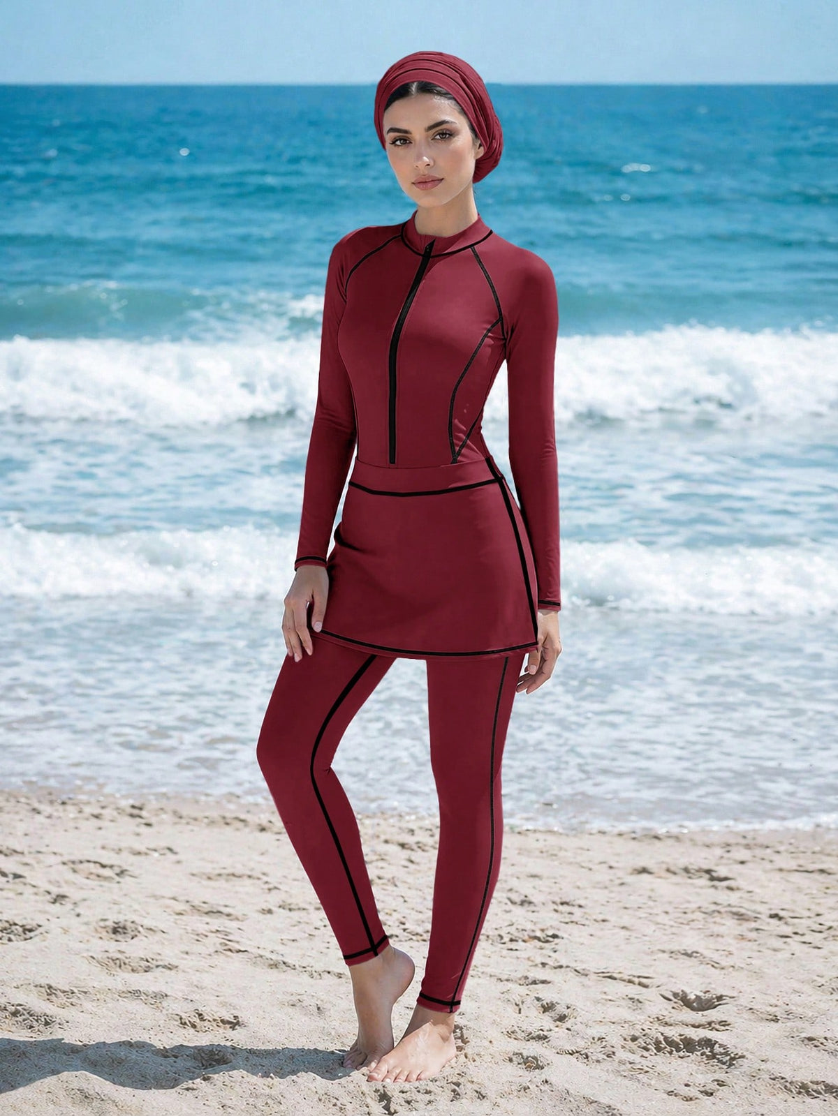 Striped Color Block Zipper Long Sleeve Jumpsuit With Skirt Swimwear Set