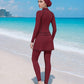 Striped Color Block Zipper Long Sleeve Jumpsuit With Skirt Swimwear Set