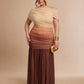 Plus Size Gradient Color Asymmetrical Shoulder Ruched Casual Party Dress