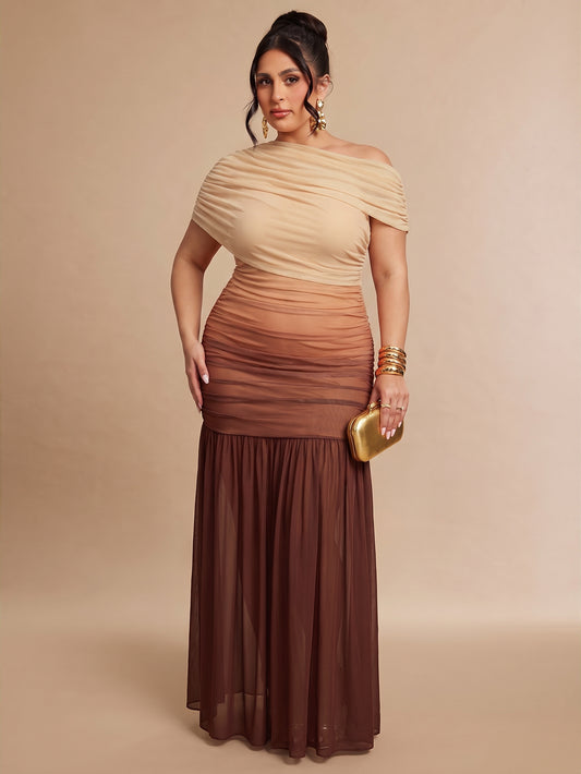Plus Size Gradient Color Asymmetrical Shoulder Ruched Casual Party Dress