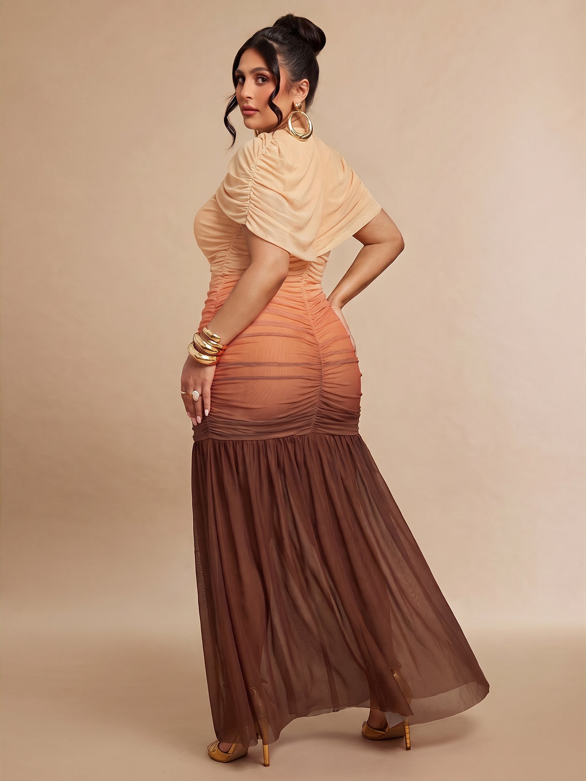 Plus Size Gradient Color Asymmetrical Shoulder Ruched Casual Party Dress