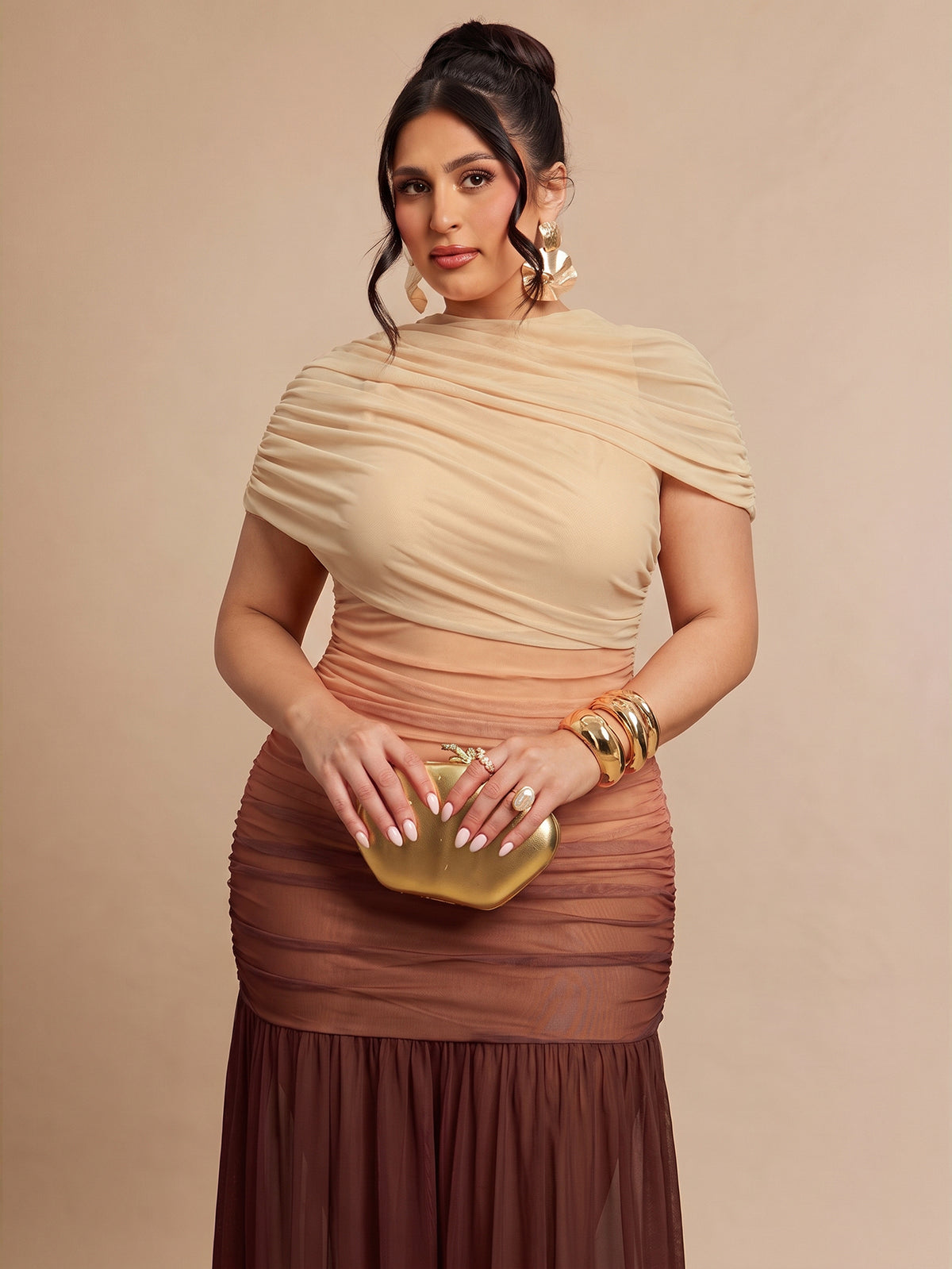 Plus Size Gradient Color Asymmetrical Shoulder Ruched Casual Party Dress