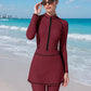 Striped Color Block Zipper Long Sleeve Jumpsuit With Skirt Swimwear Set