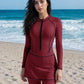 Striped Color Block Zipper Long Sleeve Jumpsuit With Skirt Swimwear Set