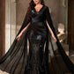 Deep V Luxury Beaded Satin Lantern Sleeve Ruched Mermaid Hem Evening Dress