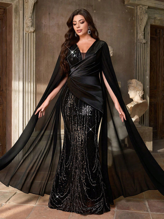 Deep V Luxury Beaded Satin Lantern Sleeve Ruched Mermaid Hem Evening Dress