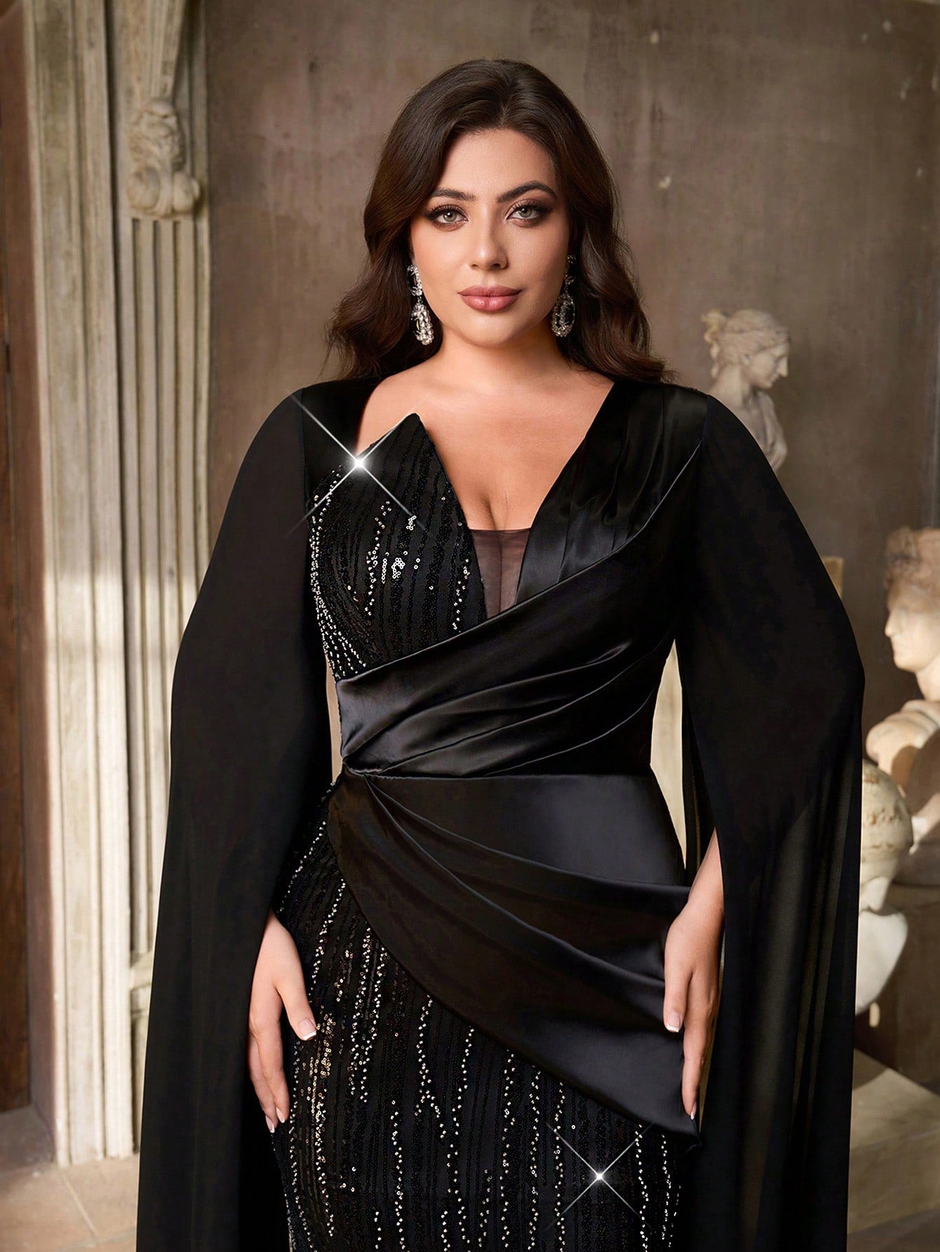 Deep V Luxury Beaded Satin Lantern Sleeve Ruched Mermaid Hem Evening Dress