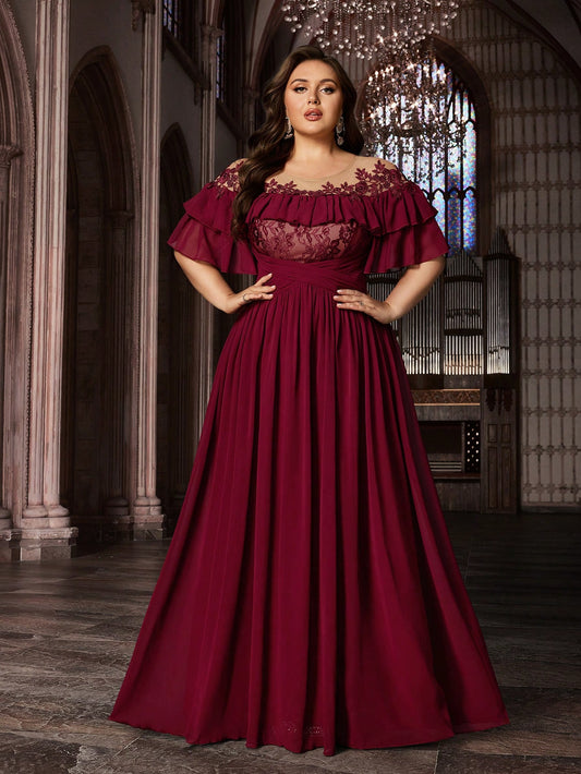 Plus Size Appliques Contrast Mesh Ruffle Details Evening Dress
