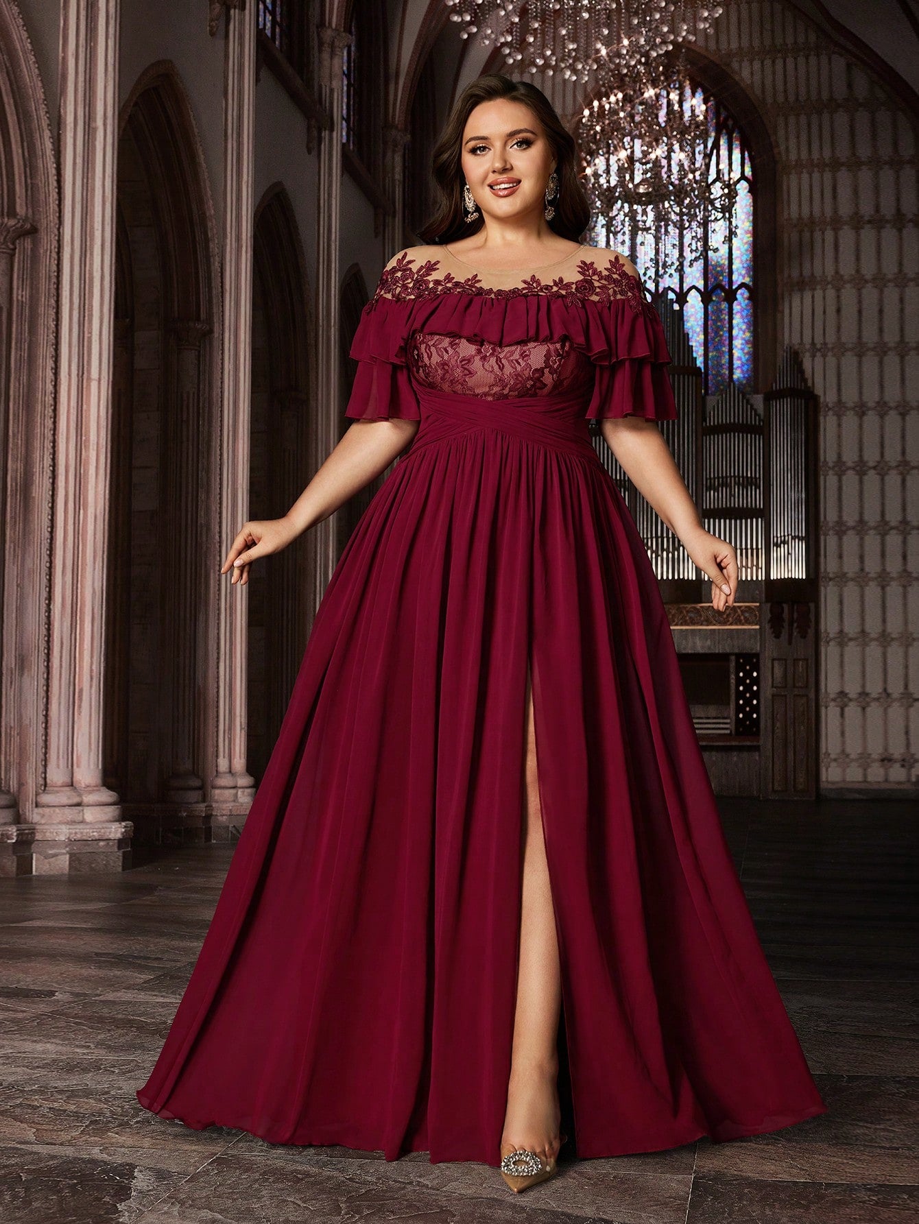 Plus Size Appliques Contrast Mesh Ruffle Details Evening Dress