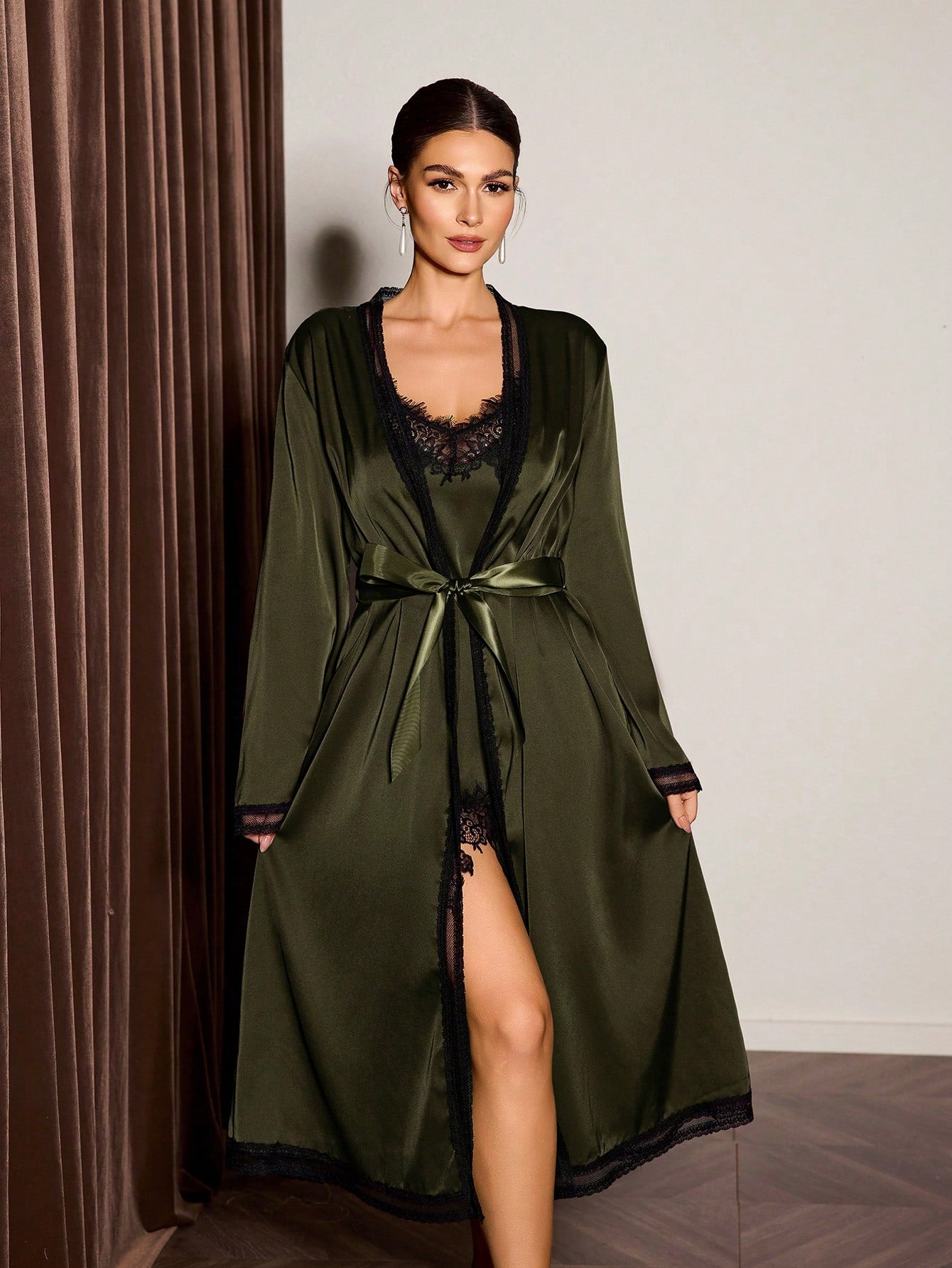 Faux Silk Lace Patchwork Criss-Cross Backless Tie Robe & Slip Lingerie 2pc Set