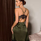 Faux Silk Lace Patchwork Criss-Cross Backless Tie Robe & Slip Lingerie 2pc Set