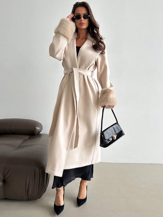Khaki Long Loose Jacket With Fur Collar And Cuffs