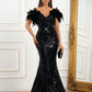 Sequin Faux Feather Decorated Evening Dress