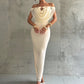 Off Shoulder Plunging Neckline Hollow Metal Decor Mesh Bodycon Apricot Maxi Dress
