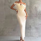 Off Shoulder Plunging Neckline Hollow Metal Decor Mesh Bodycon Apricot Maxi Dress
