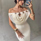 Off Shoulder Plunging Neckline Hollow Metal Decor Mesh Bodycon Apricot Maxi Dress