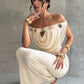 Off Shoulder Plunging Neckline Hollow Metal Decor Mesh Bodycon Apricot Maxi Dress