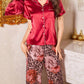 Leopard & Floral Print Contrast Satin Lapel Open Front Women Pajama Set