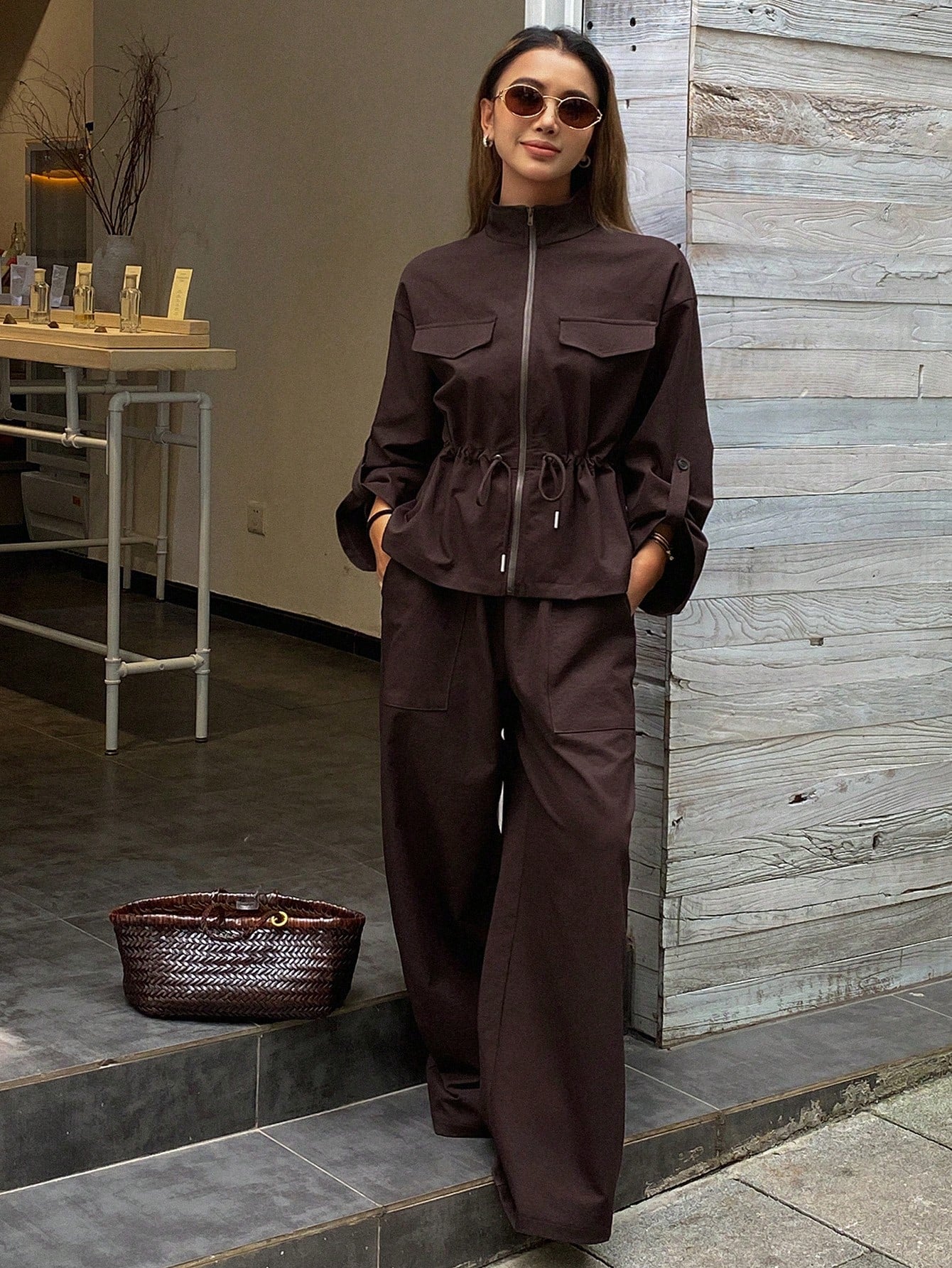 High Collar Cinched Waist Loose Top And Casual Pants 2pc Co Ord Set
