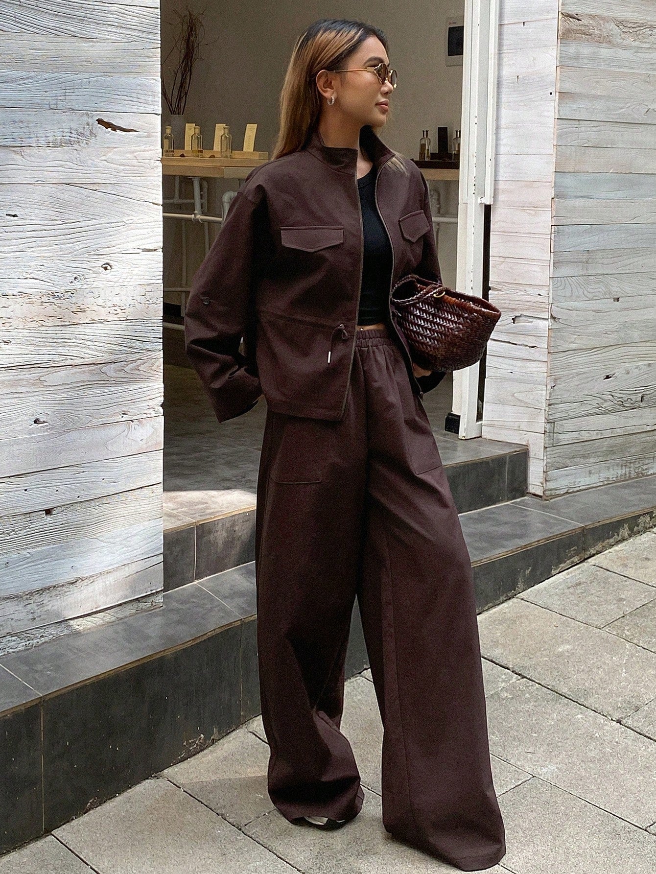 High Collar Cinched Waist Loose Top And Casual Pants 2pc Co Ord Set