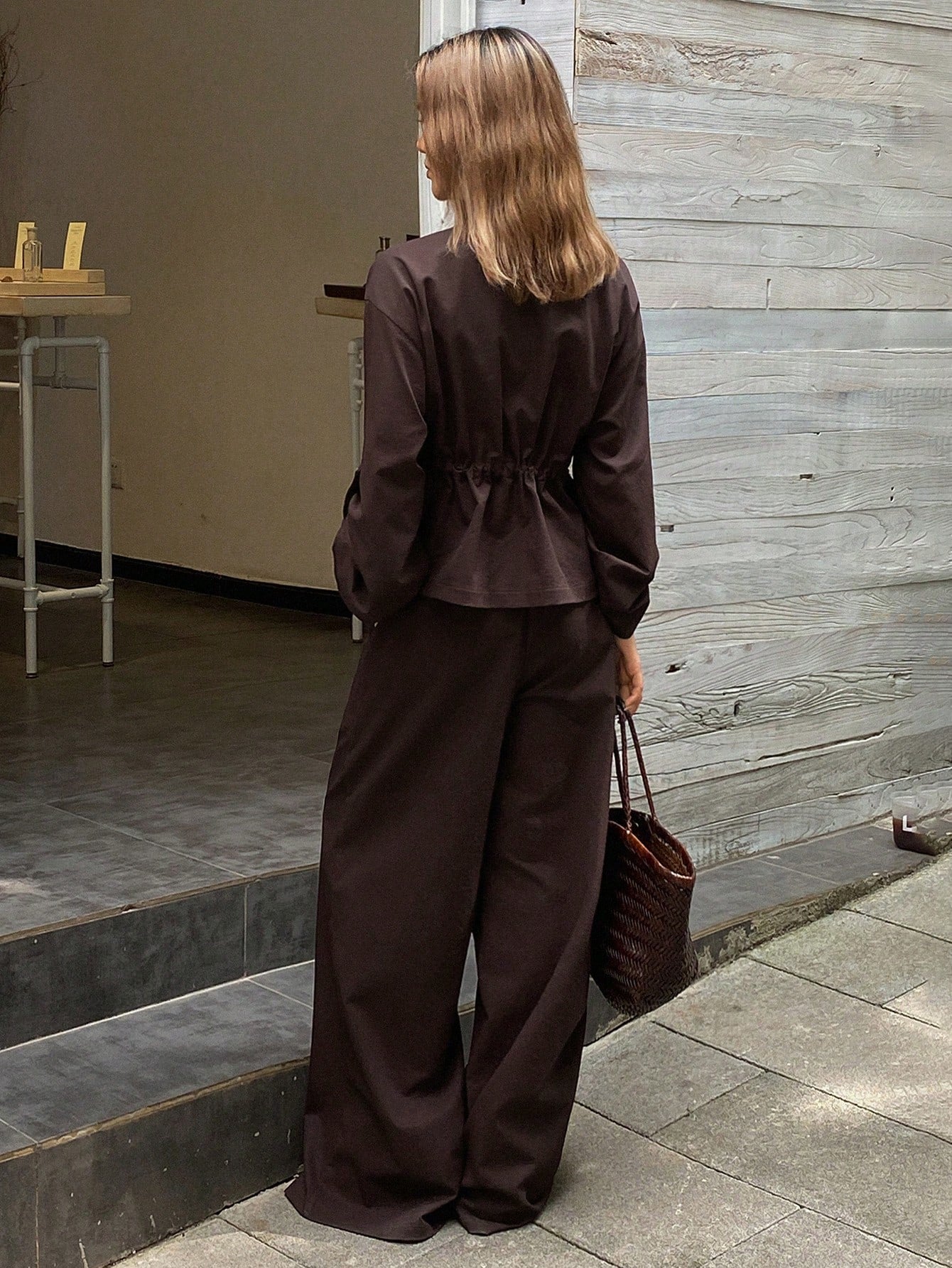 High Collar Cinched Waist Loose Top And Casual Pants 2pc Co Ord Set