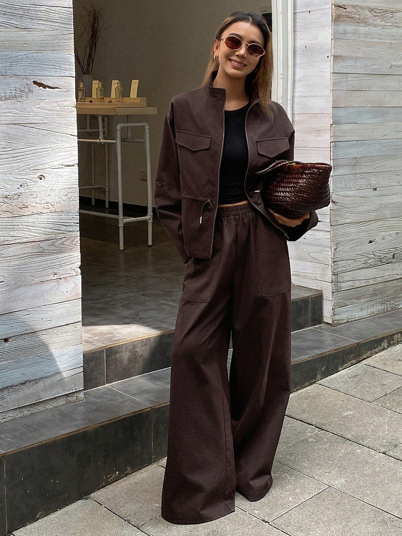High Collar Cinched Waist Loose Top And Casual Pants 2pc Co Ord Set