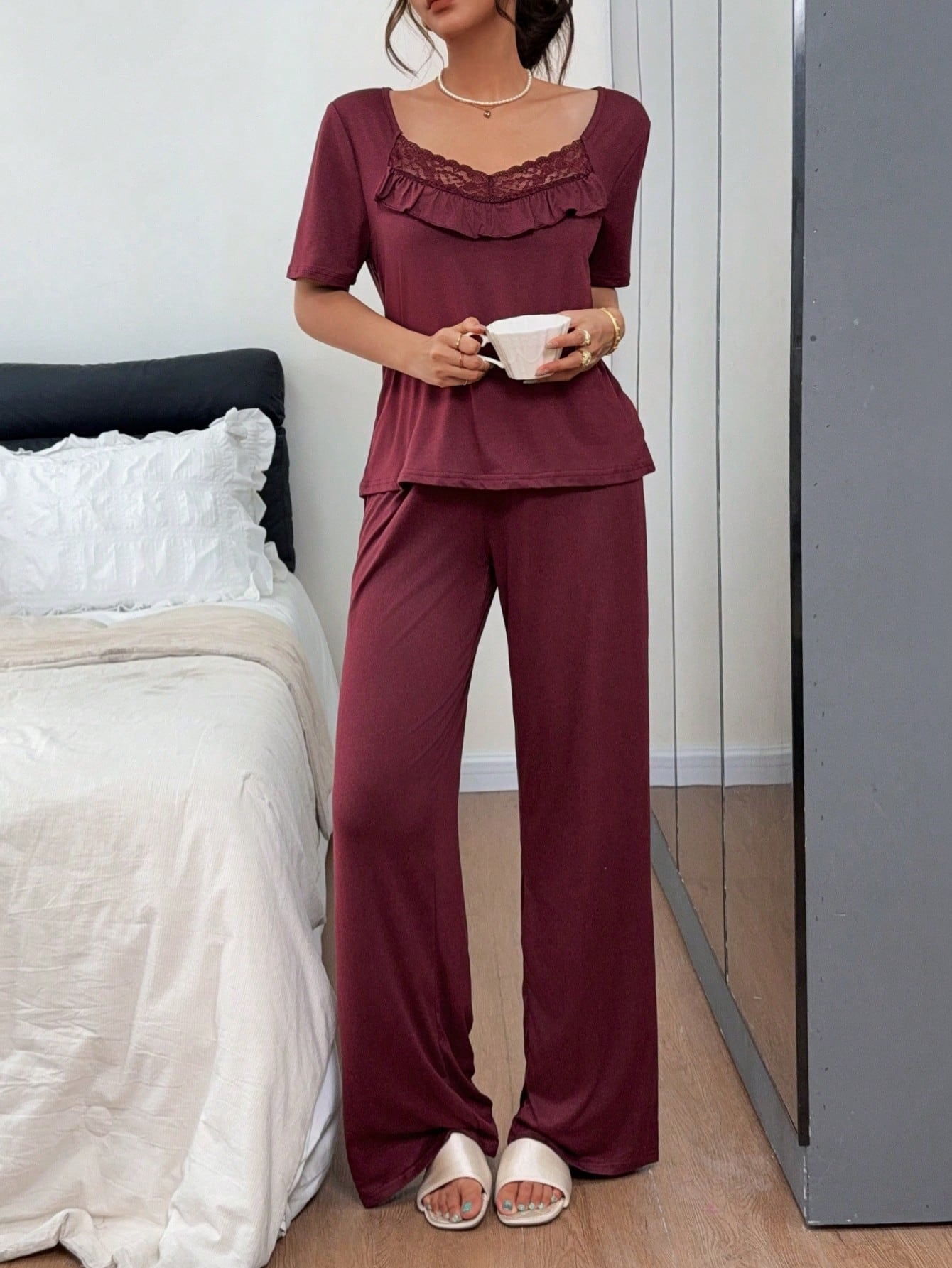 Ruffle Lace Patchwork Top And Long Pants Pajama Set