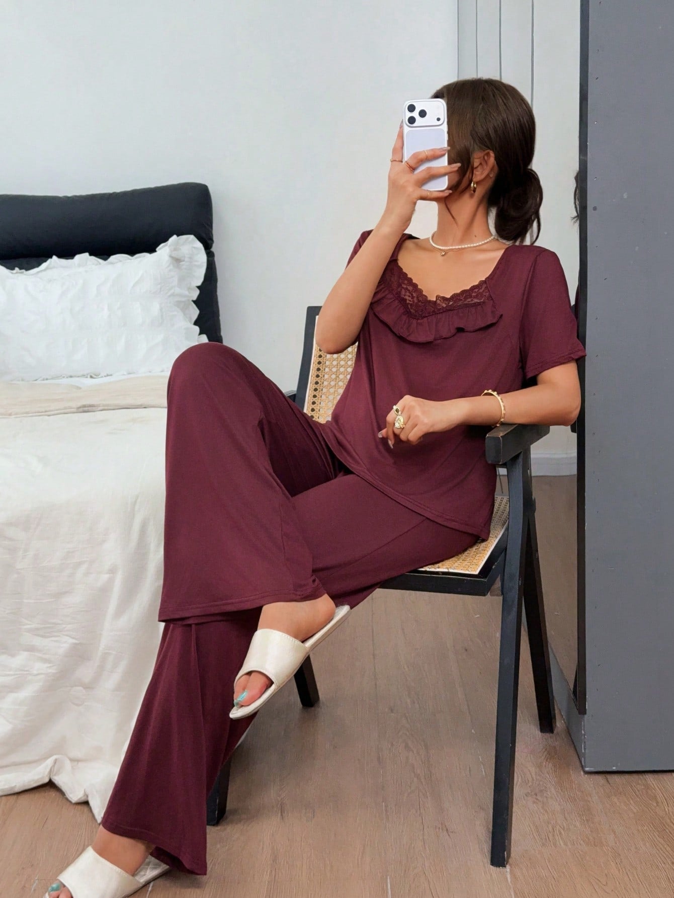 Ruffle Lace Patchwork Top And Long Pants Pajama Set