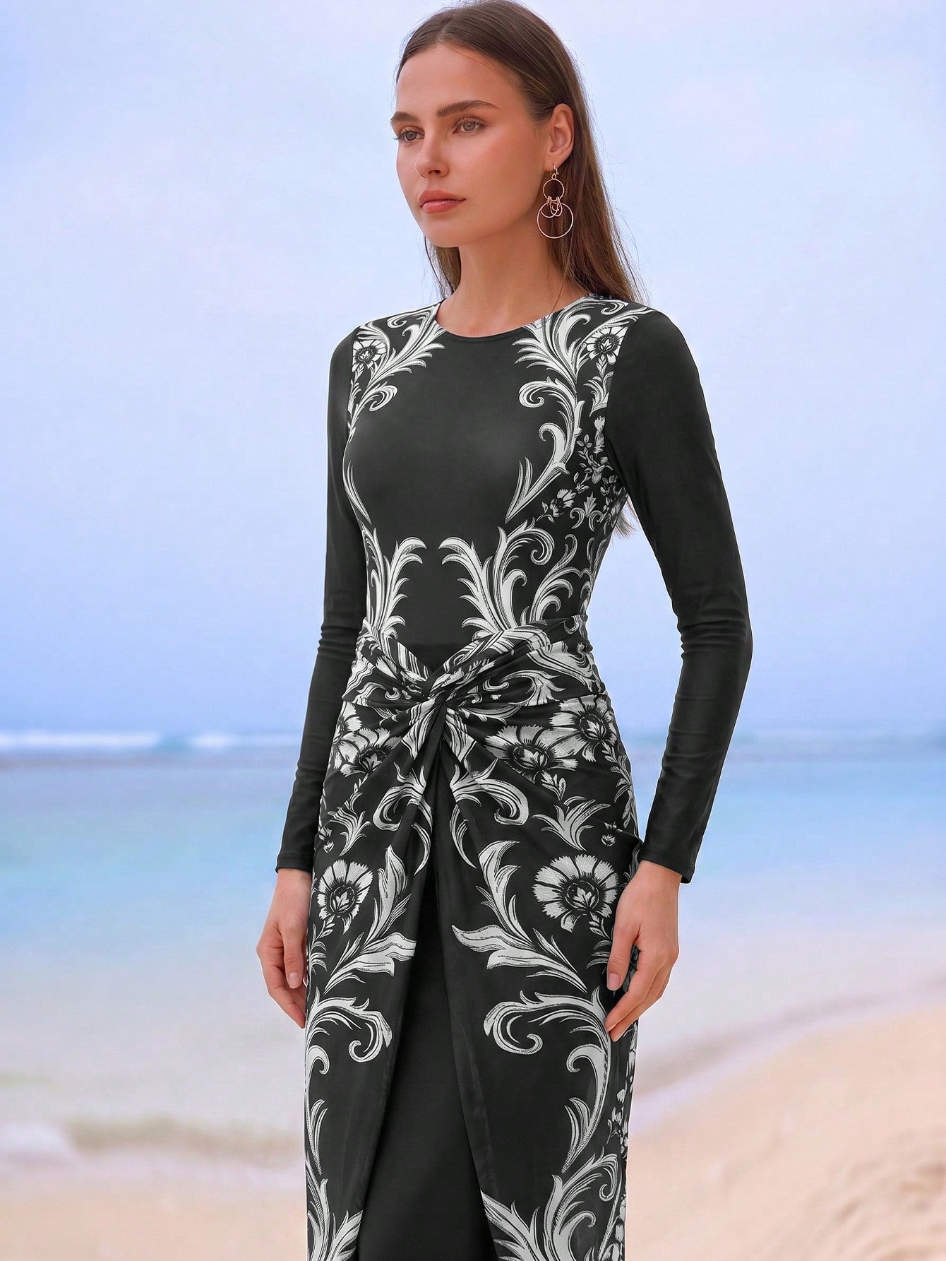 Modest 3-Piece Black And White Floral Print Swimwear Set