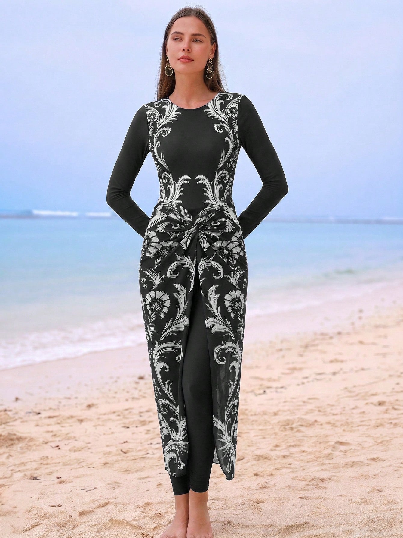 Modest 3-Piece Black And White Floral Print Swimwear Set