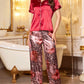 Leopard & Floral Print Contrast Satin Lapel Open Front Women Pajama Set