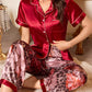Leopard & Floral Print Contrast Satin Lapel Open Front Women Pajama Set