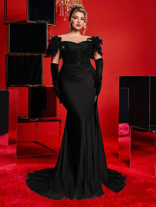 Plus Size Off Shoulder Feather  Beaded Sequin Mermaid Maxi Evening Dress
