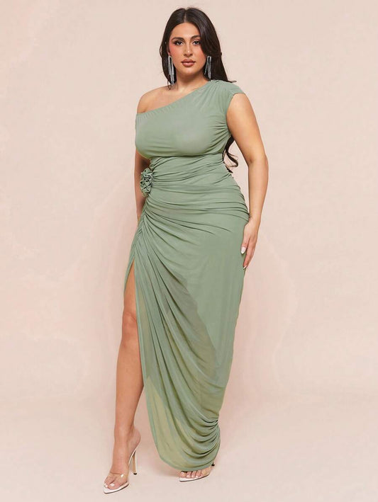 Plus Size Green 3D/Embossed Floral Dress, Elegant Long Dress,
