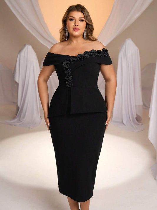 Plus Size Black 3D Floral Decor Off-Shoulder Formal Evening Dress