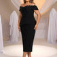Plus Size Black 3D Floral Decor Off-Shoulder Formal Evening Dress