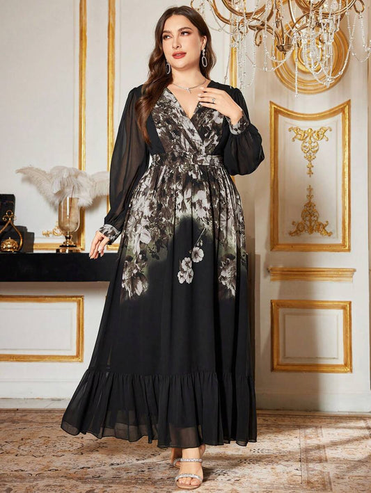 V-Neck Long Sleeve Floral Evening Dress