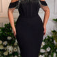 Plus Size Elegant Black Handmade Rhinestone Embellished Off-The-ShoulderEvening Dress