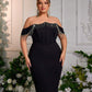 Plus Size Elegant Black Handmade Rhinestone Embellished Off-The-ShoulderEvening Dress