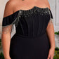 Plus Size Elegant Black Handmade Rhinestone Embellished Off-The-ShoulderEvening Dress