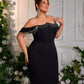 Plus Size Elegant Black Handmade Rhinestone Embellished Off-The-ShoulderEvening Dress