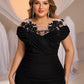 Plus Size Elegant Applique Sheer Round Neck Cinched Waist Ruched Knee-Length Formal Evening Dress
