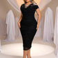 Plus Size Elegant Applique Sheer Round Neck Cinched Waist Ruched Knee-Length Formal Evening Dress
