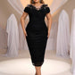 Plus Size Elegant Applique Sheer Round Neck Cinched Waist Ruched Knee-Length Formal Evening Dress