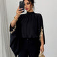 Batwing Sleeve Black Designed Loose Elegant Floral Lace Trim Blouse